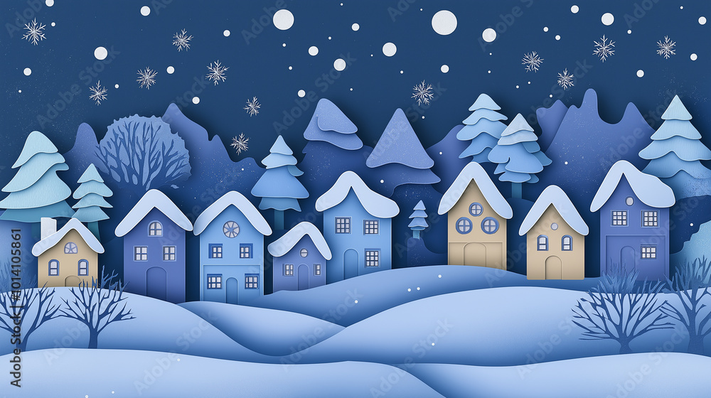 Fototapeta premium Paper cut landscape showing winter wonderland with snow falling on houses at night