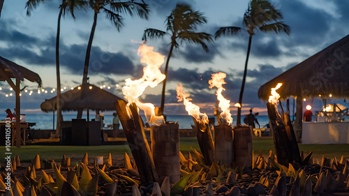 Hawaiian Luau Party with Tiki Torches at Sunset
