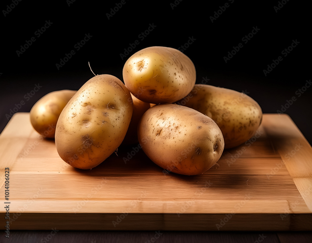 Raw potatoes with visible soil placed on a cutting board on a black background Raw potatoes with visible soil placed on a cutting board on a black background