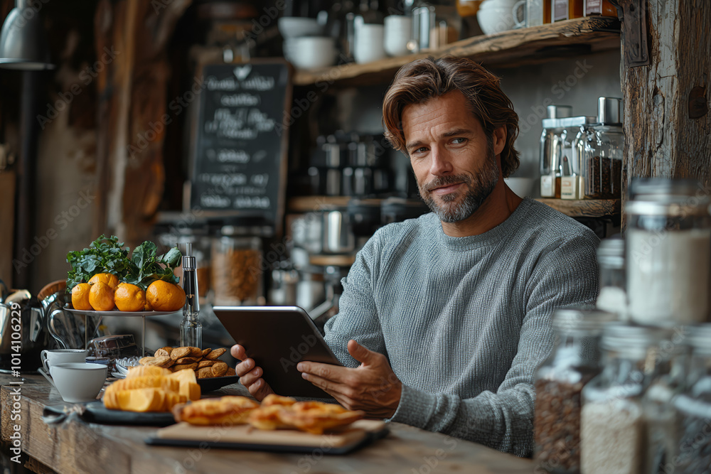A man using a tablet while sitting at a modern kitchen counter, enjoying his morning coffee. A man using a tablet while sitting at a modern kitchen counter, enjoying his morning coffee.