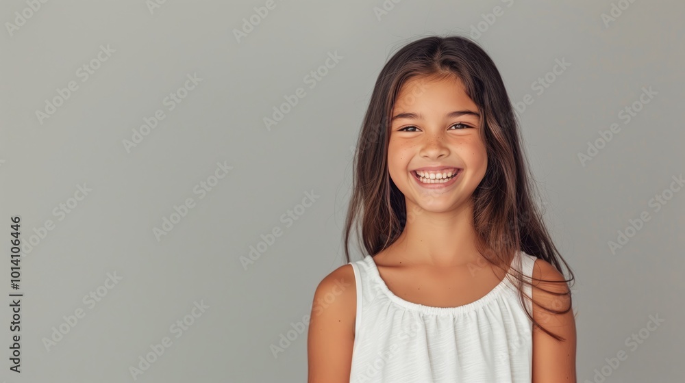 Happy young girl with long hair laughing confidently, wearing a white sleeveless top, smiling brightly while posing against a gray background, full of joy and energy Happy young girl with long hair laughing confidently, wearing a white sleeveless top, smiling brightly while posing against a gray background, full of joy and energy