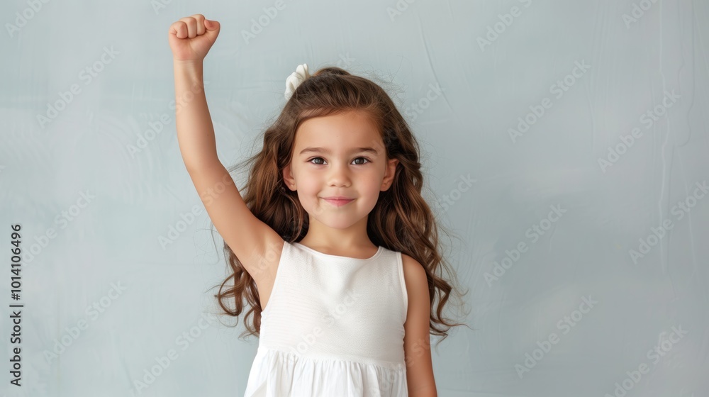 Cheerful young girl raising her fist in triumph, wearing a white sleeveless dress, posing confidently against a light blue background, celebrating victory and empowerment Cheerful young girl raising her fist in triumph, wearing a white sleeveless dress, posing confidently against a light blue background, celebrating victory and empowerment