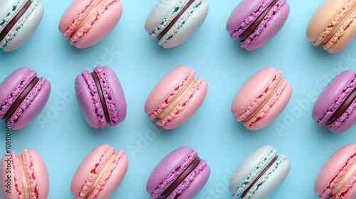 Pattern made of tasty pink purple color macaroons on pastel blue background