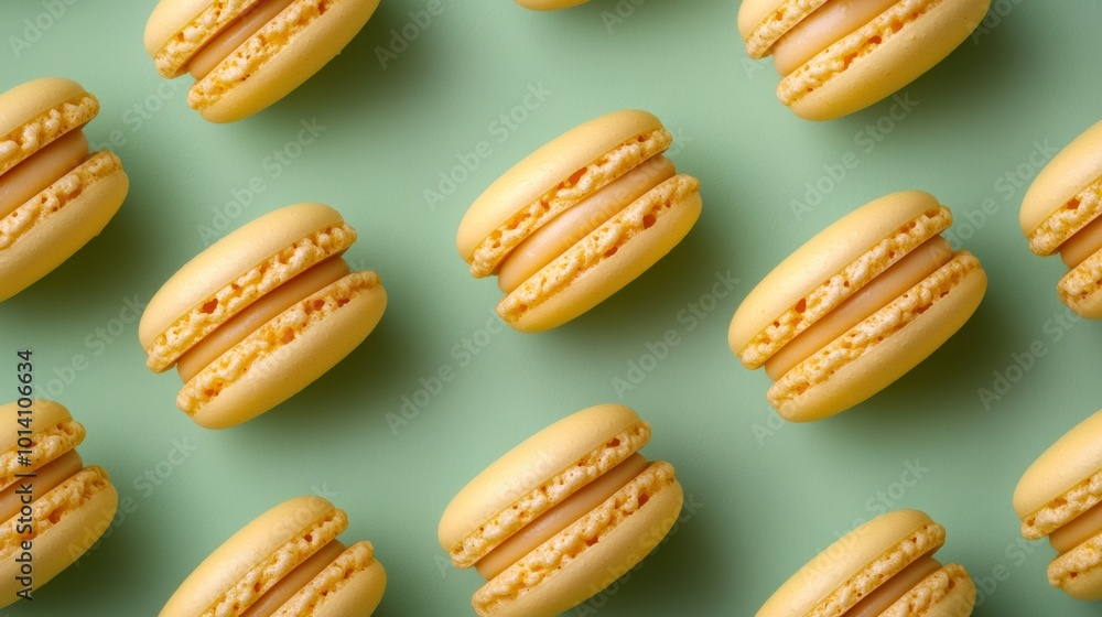 Pattern made of tasty yellow color macaroons on pastel green background Pattern made of tasty yellow color macaroons on pastel green background
