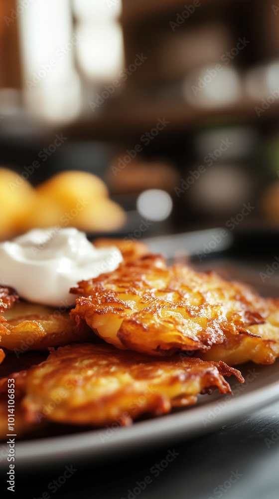 Crispy potato pancakes with sour cream. Crispy potato pancakes with sour cream.