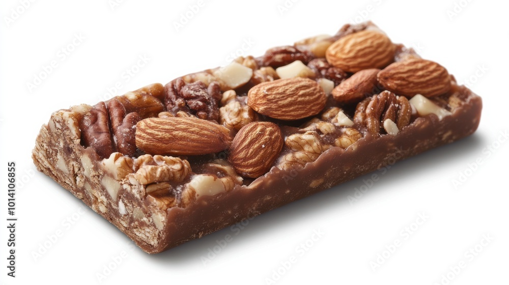Protein snack energy bar made from almonds, nuts, and oats cereal on white background Protein snack energy bar made from almonds, nuts, and oats cereal on white background