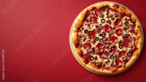 Closeup of pizza on red background, space for text 