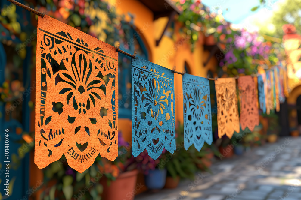 Φωτογραφία A colorful and intricate papel picado banner hanging across the street in preparation for the D­a de los Muertos celebrations