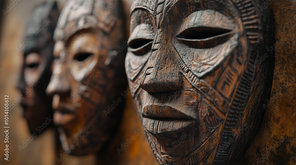 Colorful tribal masks with intricate patterns. Colorful tribal masks with intricate patterns.