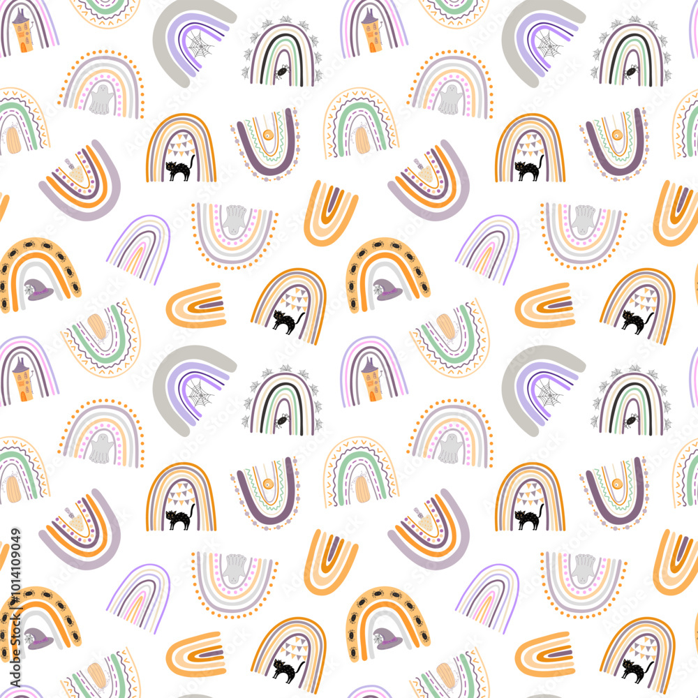 Halloween rainbows seamless pattern, simple hand drawn repeat illustration in trendy pastel colors, minimalist concept perfect for textile, celebration decor, cards, gift paper, papercraft Halloween rainbows seamless pattern, simple hand drawn repeat illustration in trendy pastel colors, minimalist concept perfect for textile, celebration decor, cards, gift paper, papercraft