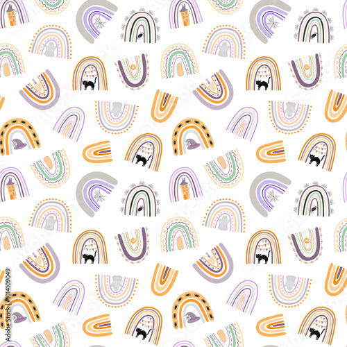 Halloween rainbows seamless pattern, simple hand drawn repeat illustration in trendy pastel colors, minimalist concept perfect for textile, celebration decor, cards, gift paper, papercraft