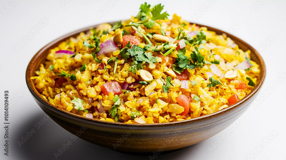 Poha bowl garnished with peanuts and coriander leaves Poha bowl garnished with peanuts and coriander leaves
