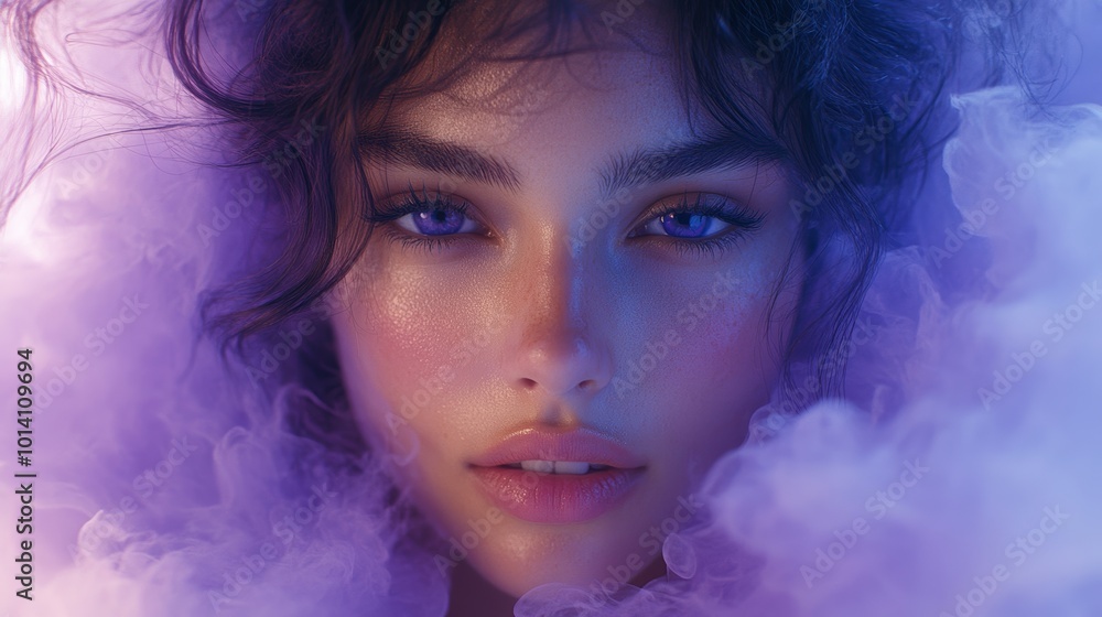 Dreamlike portrait of a woman surrounded by purple smoke, ethereal beauty concept Dreamlike portrait of a woman surrounded by purple smoke, ethereal beauty concept