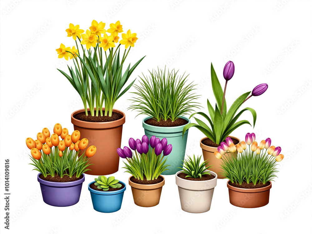 Colorful pots with tulips, daffodils, and other plants