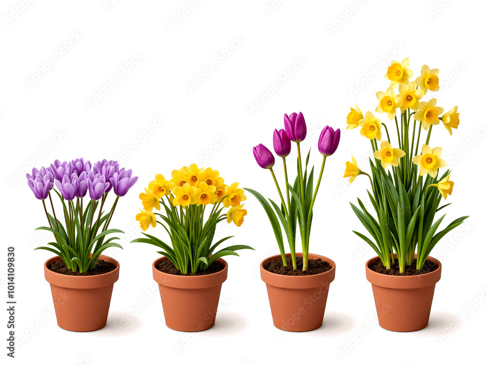 Four flowerpots with tulips and daffodils Four flowerpots with tulips and daffodils