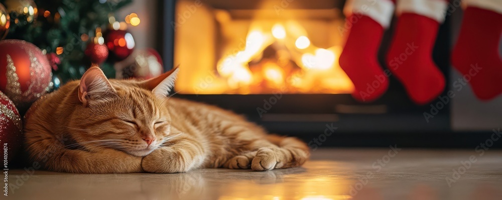 A closeup of a cat curled up in front of a glowing fireplace A closeup of a cat curled up in front of a glowing fireplace