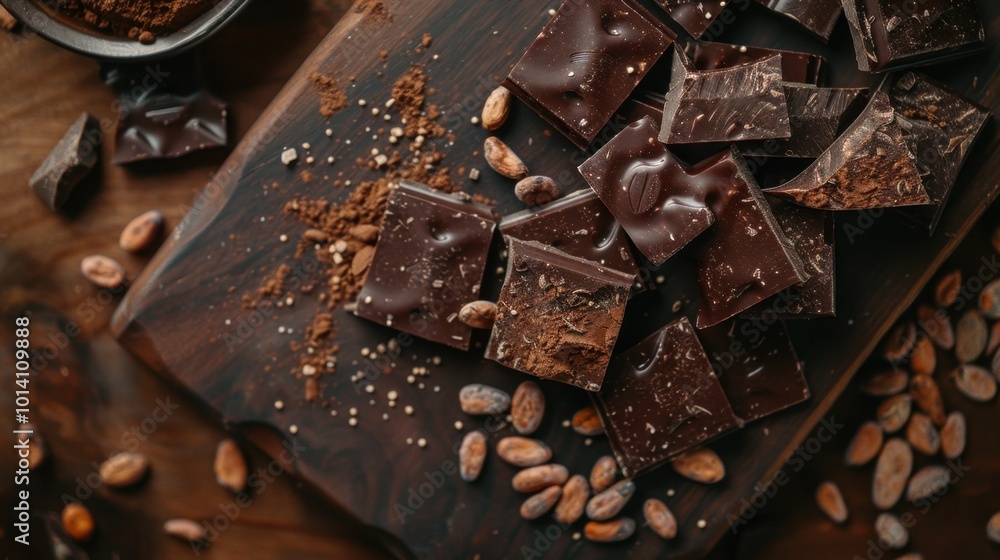 Rich Dark Chocolate on Wooden Board Rich Dark Chocolate on Wooden Board