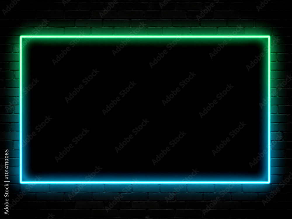 A glowing neon rectangular border set against a dark brick wall background A glowing neon rectangular border set against a dark brick wall background