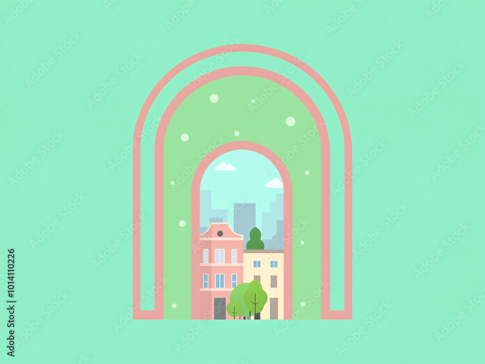 Arched window with a city view in pastel tones Arched window with a city view in pastel tones