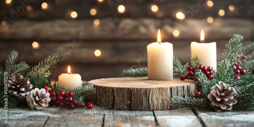 Three white candles with evergreen branches and pine cones on a wooden table. photo