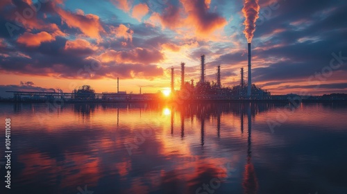 Sunset over a factory with smoke stacks and a body of water