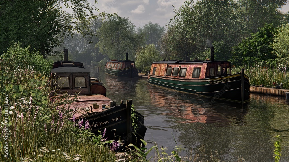 Tranquil Canal Scene with Boats and Lush Greenery Tranquil Canal Scene with Boats and Lush Greenery
