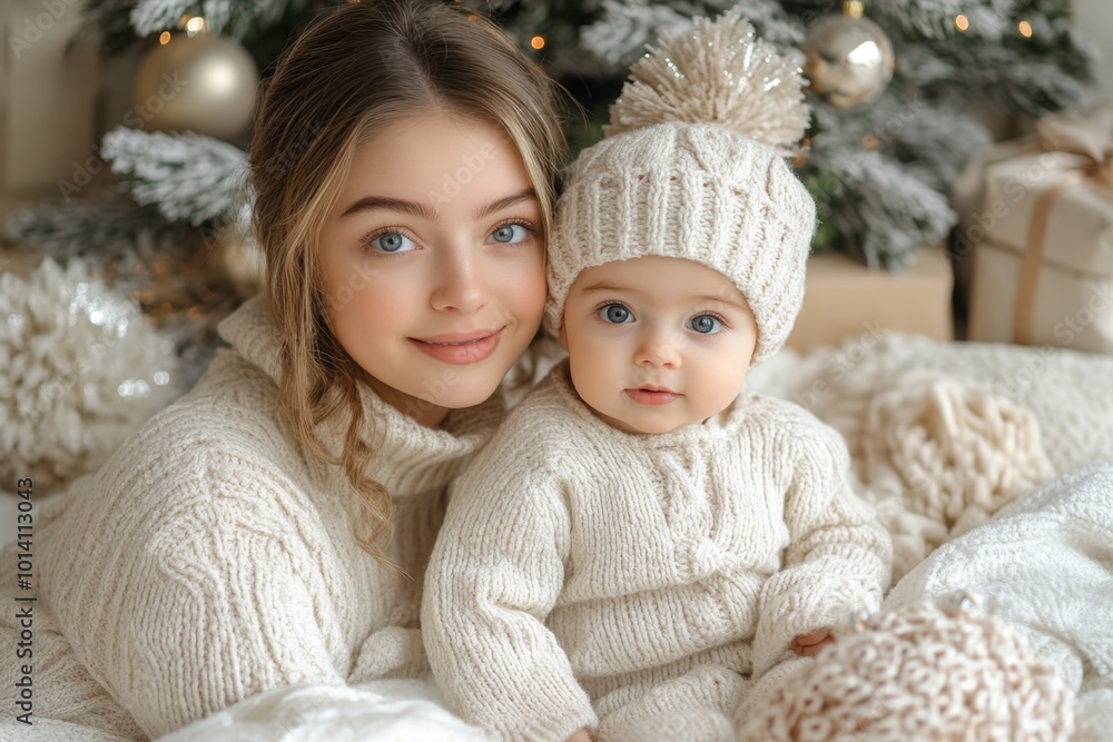 Two cute baby twins on Christmas tree background Two cute baby twins on Christmas tree background