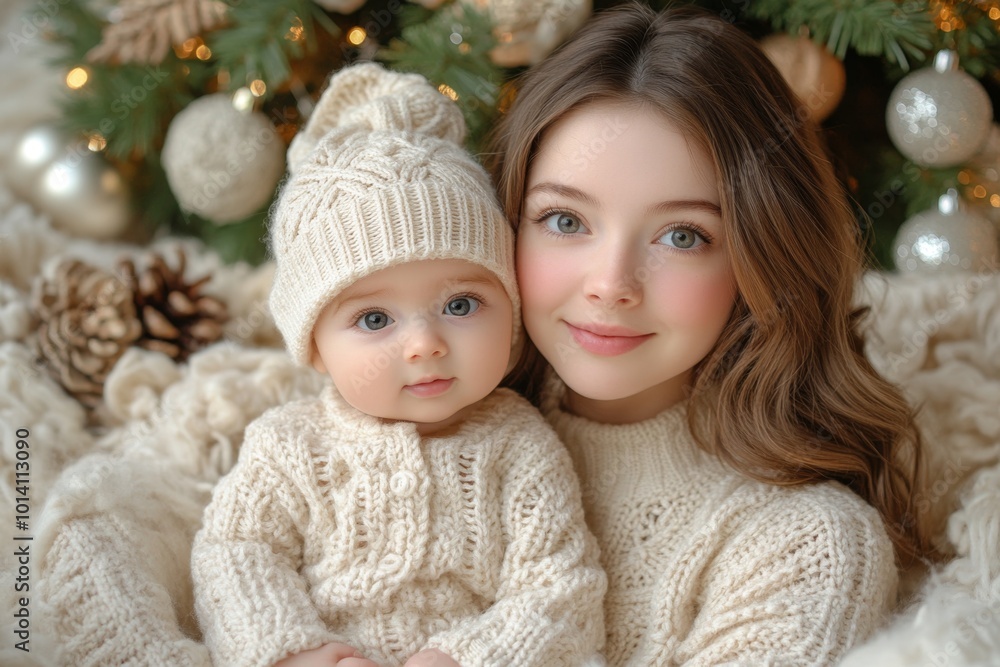 Two cute baby twins on Christmas tree background Two cute baby twins on Christmas tree background
