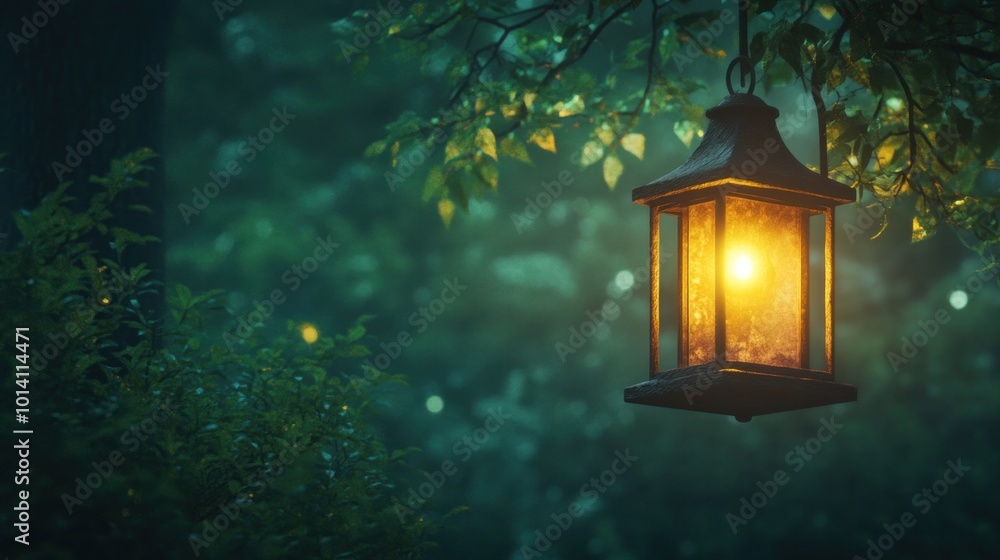 Rustic lantern glowing at night in tranquil forest. moonlight filters through trees. mysterious, serene atmosphere. Rustic lantern glowing at night in tranquil forest. moonlight filters through trees. mysterious, serene atmosphere.