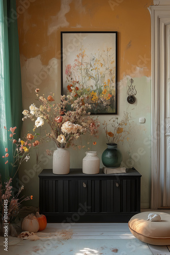 
It is a stylish living space with a table, curtains, and vases along with traditional wallpaper. 3D rendering.