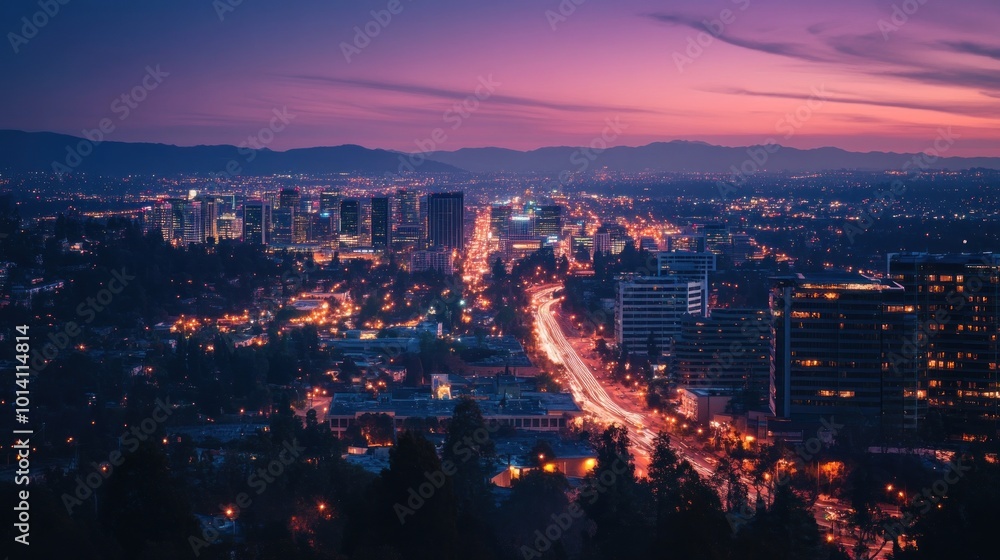 Obraz premium Cityscape at Dusk with a Purple Sky