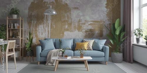 Sofa in room with grunge stucco wall and much grernery. Biophilic interior design of modern living room. photo