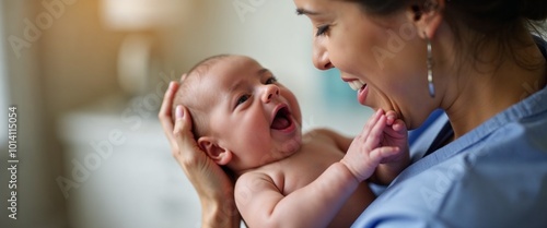 Close-up of a midwife gently holding a newborn baby, soft natural light highlighting the baby’s tiny hands and the midwife’s caring expression, warm and nurturing atmosphere focusing on the bond betwe