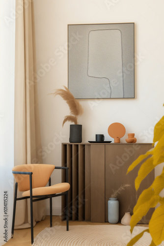 It is a stylish living space with a table, armchairs, and a vase with cool lighting. 3D rendering.