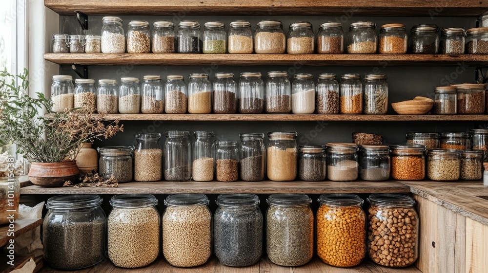 A well-organized, minimalist kitchen pantry featuring just a few glass jars filled with essential ingredients like grains and spices A well-organized, minimalist kitchen pantry featuring just a few glass jars filled with essential ingredients like grains and spices