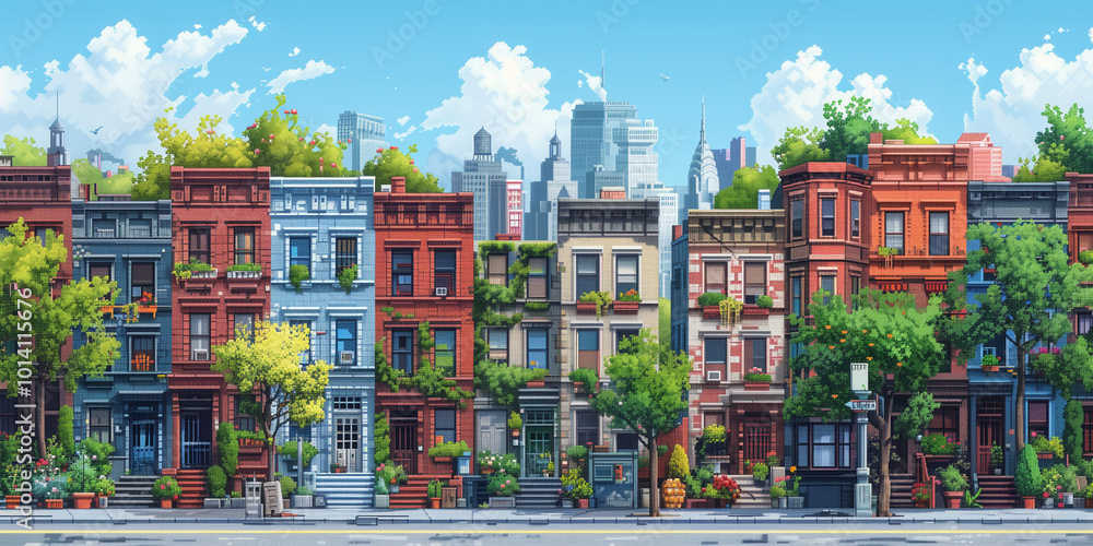 Fototapeta premium Pixel art side view of an urban or suburban street on a sunny day. retro-style artwork. vibrant atmosphere. bright, bustling environment. creative design project. cover banner. Generative Ai content
