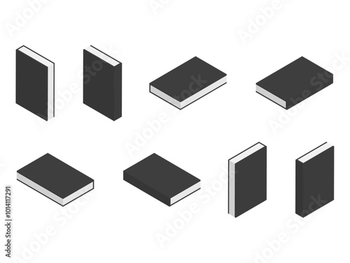 アイソメトリックミニマル閉じた本アイコン多方向セット：黒