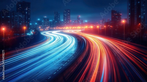 long exposure photograph of a bustling highway at night with streaks of light from cars creating dynamic trails against the dark backdrop reflecting motion and energy in urban life