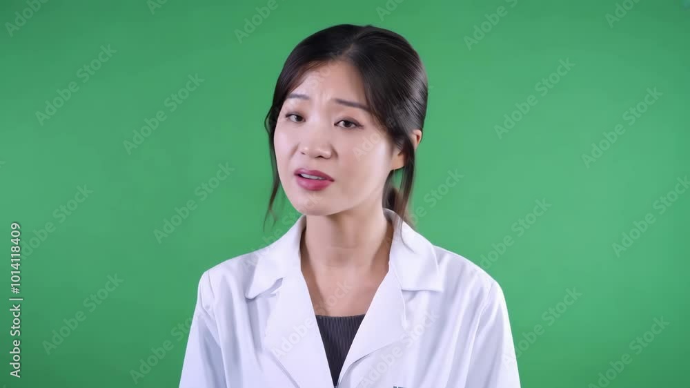 Female asian doctor wearing white medical uniform talks about a new medicine, vaccine, virus isolated on green background. Talking young woman on interview or presentation. Ready for chroma key Female asian doctor wearing white medical uniform talks about a new medicine, vaccine, virus isolated on green background. Talking young woman on interview or presentation. Ready for chroma key