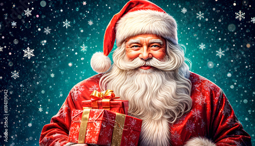 anta Claus with Gifts and Snowflakes on a Winter Background