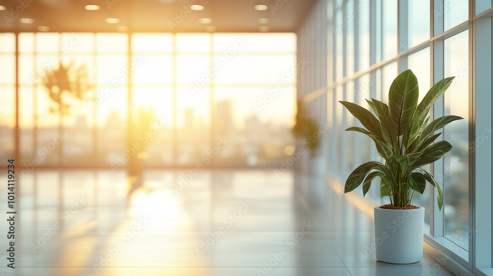 Fototapeta premium Bright Hallway With Potted Plant And Glass Windows Spacious Modern Office Interior