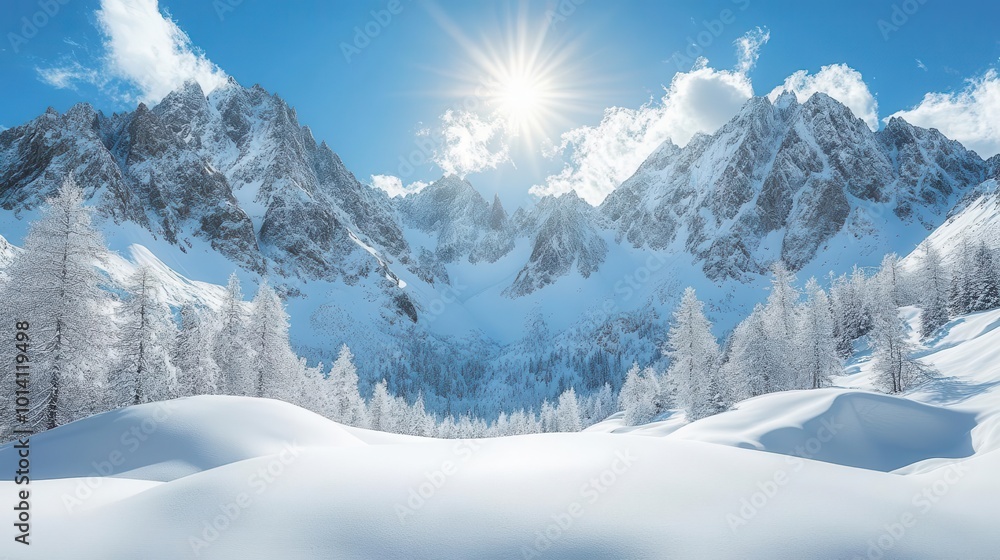 majestic snowy mountain range extends endlessly kissed by the bright blue sky with sunlight glistening off the white peaks evoking adventure and tranquility majestic snowy mountain range extends endlessly kissed by the bright blue sky with sunlight glistening off the white peaks evoking adventure and tranquility