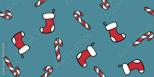 Seamless pattern with Christmas stockings and candy canes on blue, doodle style vector