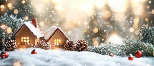 Snowy cottage among pine trees