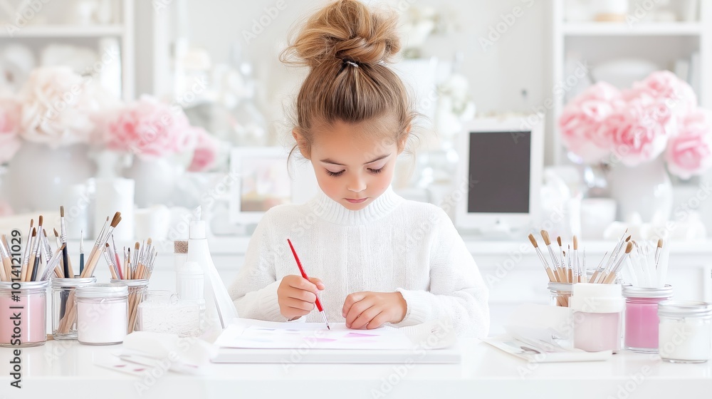 Child painting with watercolors at a small table in a cozy art space Child painting with watercolors at a small table in a cozy art space