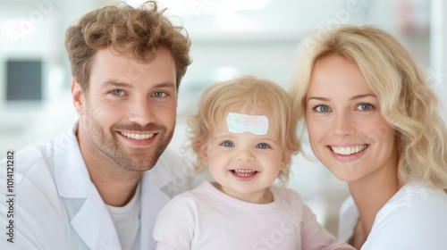 Caring nurse applies colorful band-aid to smiling child in hospital setting