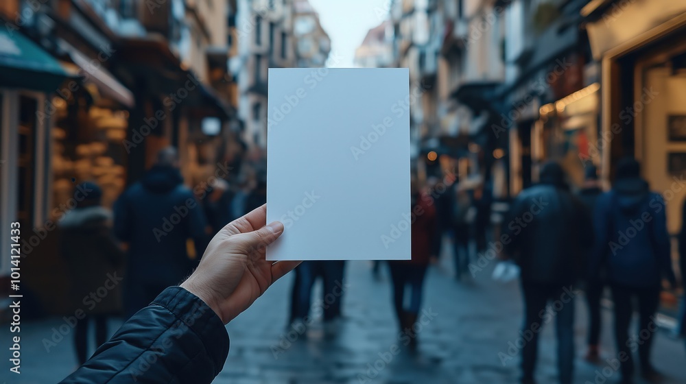 Urban scene with a person holding a blank paper on a busy street Urban scene with a person holding a blank paper on a busy street