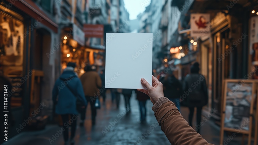 Urban scene of a person distributing blank flyers on a busy street Urban scene of a person distributing blank flyers on a busy street