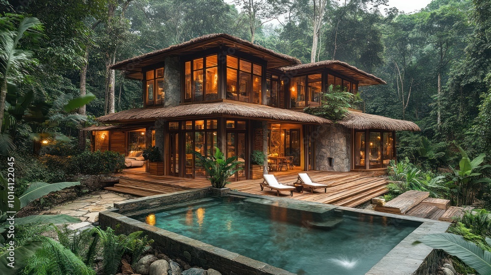 Luxurious forest retreat with a pool and natural surroundings. Luxurious forest retreat with a pool and natural surroundings.