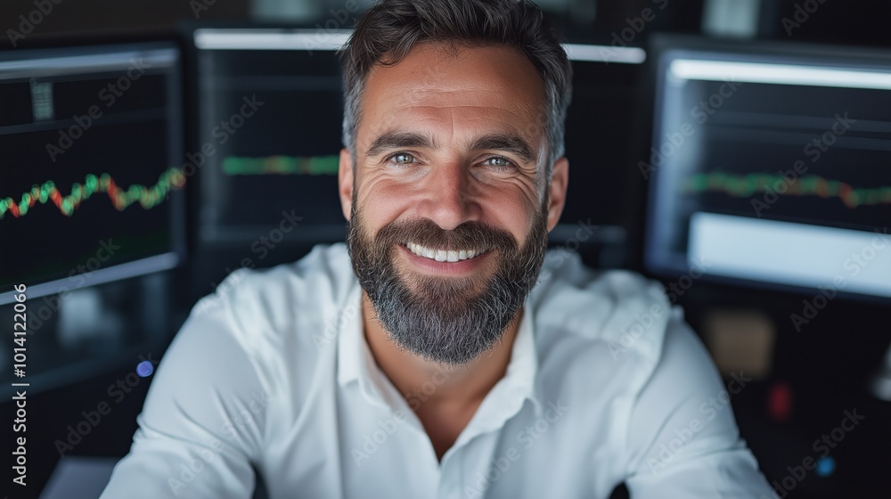 Successful trader celebrating achievement in front of monitors in a financial office Successful trader celebrating achievement in front of monitors in a financial office